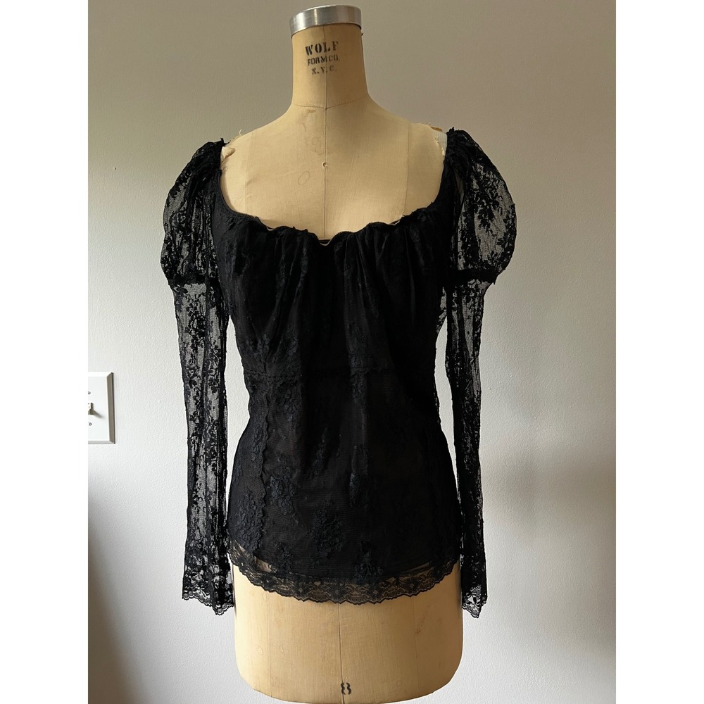 Jessica McClintock Black Lace Off Shoulder Long Sleeve Top Gothic Romantic M